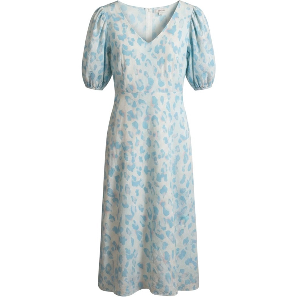 REMAIN Birger Christensen Dress Blue 10 Women Leopard Puff Sleeve V-Neck Cotton